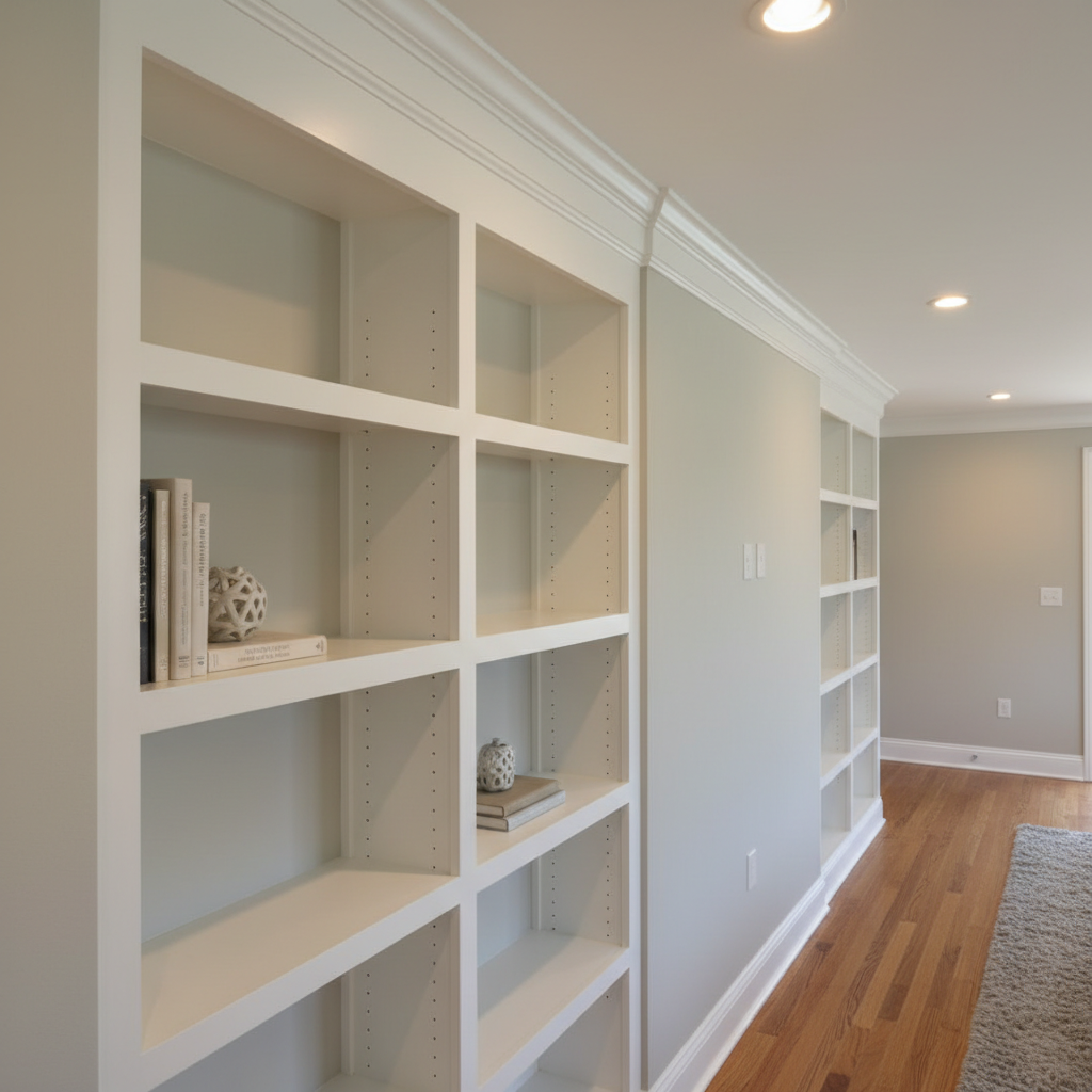 A detailed close-up of custom carpentry in a Long Island home renovation, focusing on a newly installed built-in shelving unit made from smooth, painted white hardwood with perfectly aligned shelves and precise mitered corners. The unit is recessed into a freshly plastered and painted light greige wall, with decorative crown molding that seamlessly transitions into the ceiling. Warm, recessed ceiling lights gently illuminate the shelving, casting soft shadows that emphasize depth and craftsmanship. The background falls slightly out of focus, hinting at a renovated living room with hardwood floors. Captured from a slightly angled, waist-level perspective in photographic realism, the composition spotlights the quality of the joinery and paint finish, conveying meticulous attention to detail and the professionalism of a seasoned family-owned renovation business.