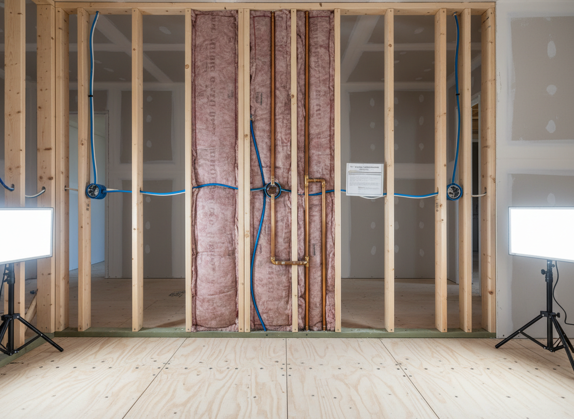 A professional renovation project in progress, focusing on a stripped-down interior wall revealing clean new electrical wiring, neatly arranged copper plumbing, and fresh insulation between smooth, straight studs. The subfloor below is spotless, with newly installed plywood panels secured by evenly spaced fasteners. Bright, neutral work lights mounted overhead cast clear, shadow-free illumination, emphasizing the orderliness and safety of the job site. The background shows partially finished drywall with perfectly taped seams, slightly blurred to keep attention on the infrastructure work. Captured from a straight-on, mid-height angle in photographic realism, the composition is balanced and methodical, conveying transparency, professionalism, and the behind-the-scenes quality control of a family-owned Long Island renovation company dedicated to doing things the right way.