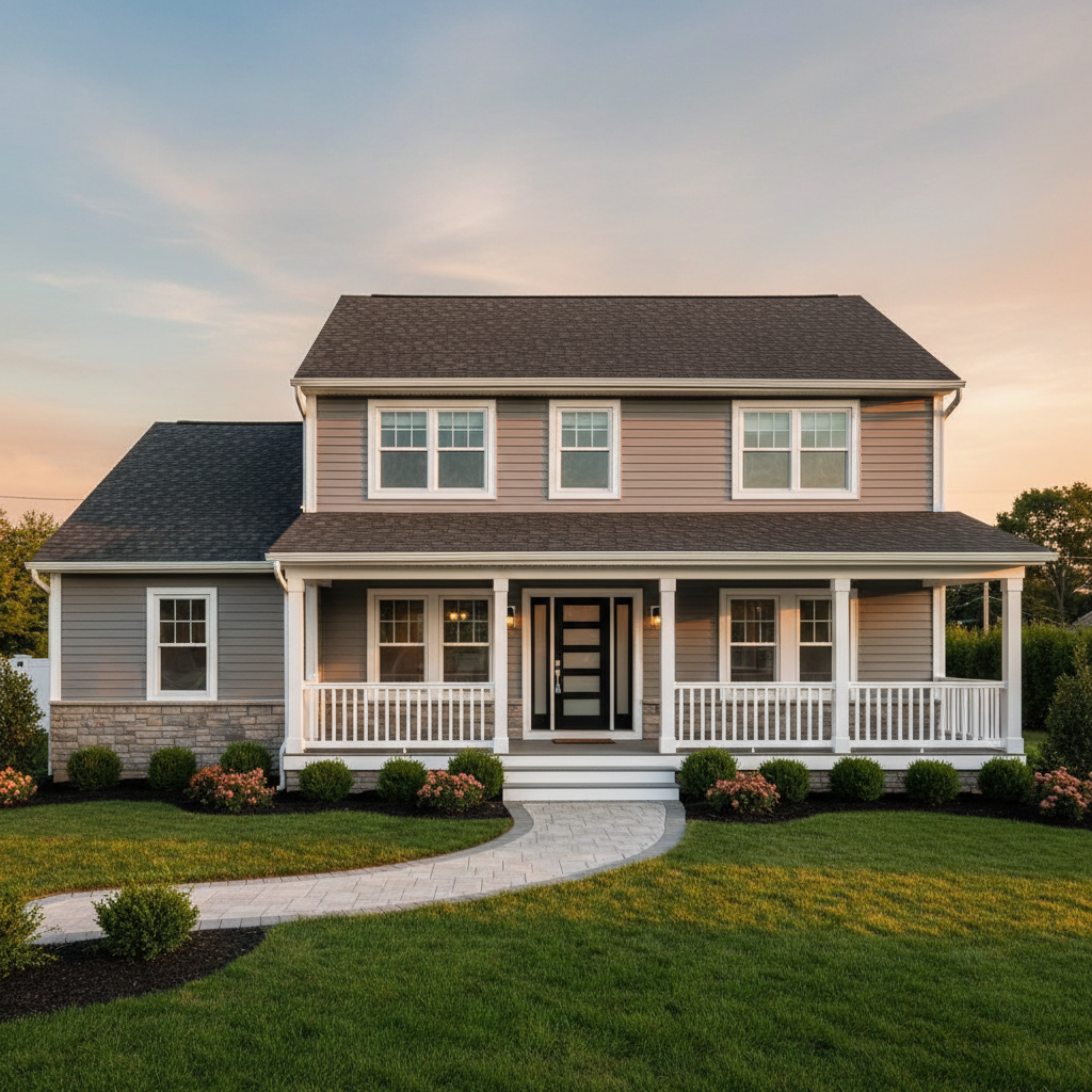 A beautifully remodeled suburban Long Island home exterior with newly installed vinyl siding in a warm coastal gray, crisp white trim, and a freshly built composite front porch with sturdy railings. The roof features dark architectural shingles and a modern black front door with decorative glass panels. Manicured shrubs line a new paver walkway leading to the entrance, set against a lush green lawn. Late afternoon golden hour sunlight bathes the facade, creating soft, elongated shadows and highlighting the textures of the siding and stonework. Captured from a slightly elevated angle in photographic realism, the composition centers the house but leaves space for sky and landscaping, conveying reliability, stability, and pride in long-term family-owned renovation work.
