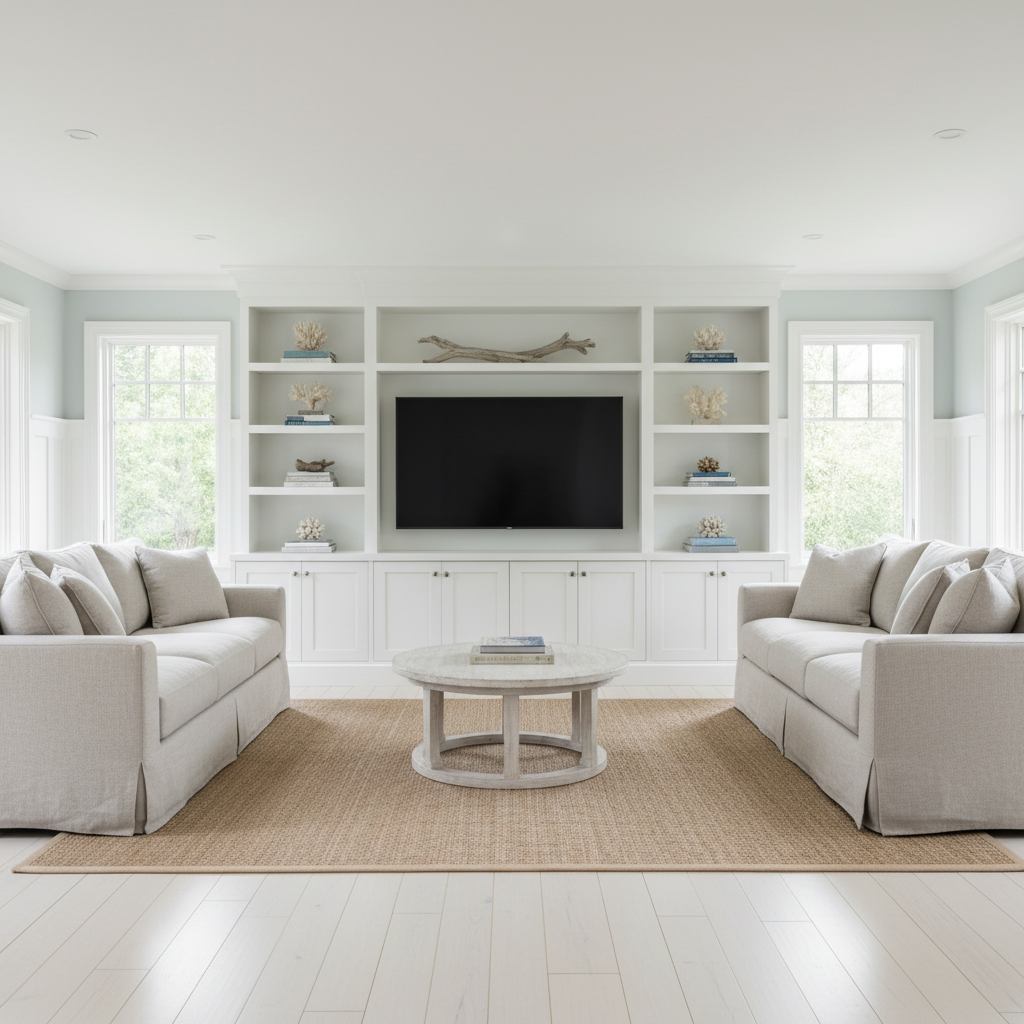 A high-end Long Island coastal-style living room renovation with wide-plank white oak floors, crisp white wainscoting, and pale sea-glass blue walls. A custom, built-in entertainment wall features shaker cabinets, open display shelves, and a recessed area framed for a large TV, all finished in satin white with subtle shadow lines. Oversized, energy-efficient windows with simple white trim frame a hint of greenery outside, allowing in abundant natural daylight that creates soft, airy illumination across the room. Photographed at eye level with a wide lens in photographic realism, the composition uses the rule of thirds to emphasize both architectural details and the room’s spaciousness. The mood is calm, coastal, and refined, underscoring the company’s expertise in creating bright, family-friendly gathering spaces through thoughtful renovation.