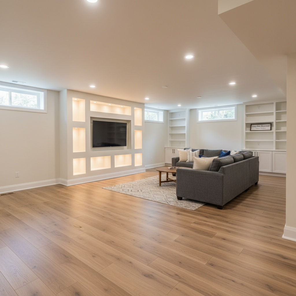 A finished basement renovation showcasing a bright, multifunctional space with luxury vinyl plank flooring in a warm oak tone, smooth insulated walls painted in a soft off-white, and a built-in media wall with recessed niches and integrated LED accent lighting. Small, high horizontal windows allow in filtered daylight, while evenly spaced recessed ceiling lights provide consistent illumination with minimal shadows. The camera captures the room from a corner at a slightly elevated angle in photographic realism, revealing an open layout with clearly defined zones for relaxation and storage. The atmosphere feels comfortable, dry, and secure, emphasizing improved livability and value. The composition is clean and uncluttered, highlighting the transformation from a dark, unfinished basement into a polished, professionally renovated living area by a trusted Long Island contractor.