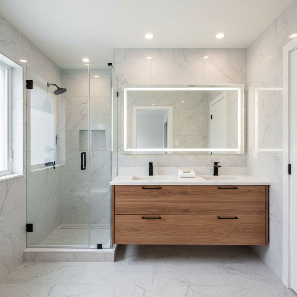 A meticulously renovated spa-like bathroom with a frameless glass walk-in shower, large-format marble-look porcelain tiles in soft white and gray veining, and a floating double vanity in natural walnut with matte black hardware. A rectangular undermount sink sits beneath a thick quartz countertop, accompanied by a sleek black faucet. Recessed ceiling lights and a modern LED backlit mirror cast even, flattering illumination, while a frosted window allows in diffused natural light, creating subtle reflections on the glass surfaces. Shot at eye level with sharp focus throughout in photographic realism, the composition emphasizes symmetry and clean lines. The atmosphere is calm, luxurious, and hygienic, reflecting a professional renovation company’s ability to transform dated Long Island bathrooms into modern retreats.