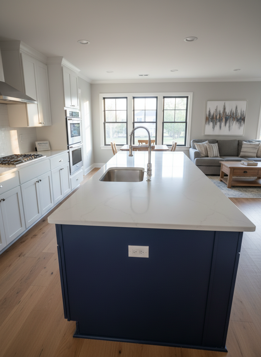 A fully renovated open-concept Long Island kitchen featuring shaker-style white cabinetry with soft-close doors, a large navy-blue island with a waterfall quartz countertop, and a gleaming stainless-steel farmhouse sink. The space is surrounded by freshly painted light gray walls and wide-plank oak flooring that runs seamlessly into the adjoining living area. Soft morning sunlight pours in through tall, newly installed energy-efficient windows, creating gentle reflections on the polished surfaces and subtle shadows beneath the island. Photographed at eye level with a wide-angle lens for photographic realism, the composition follows the rule of thirds, showcasing the flow between kitchen and living space. The mood is professional, clean, and inviting, emphasizing craftsmanship and attention to detail in a family-owned renovation project.